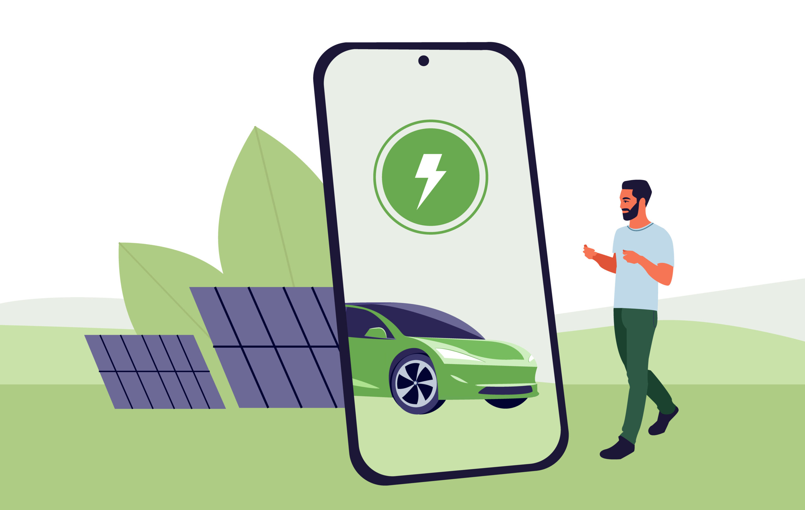 Man using app searching electric car charging station. Battery EV vehicle plugged and getting electricity from renewable power generations solar panel, wind turbine. Solar battery